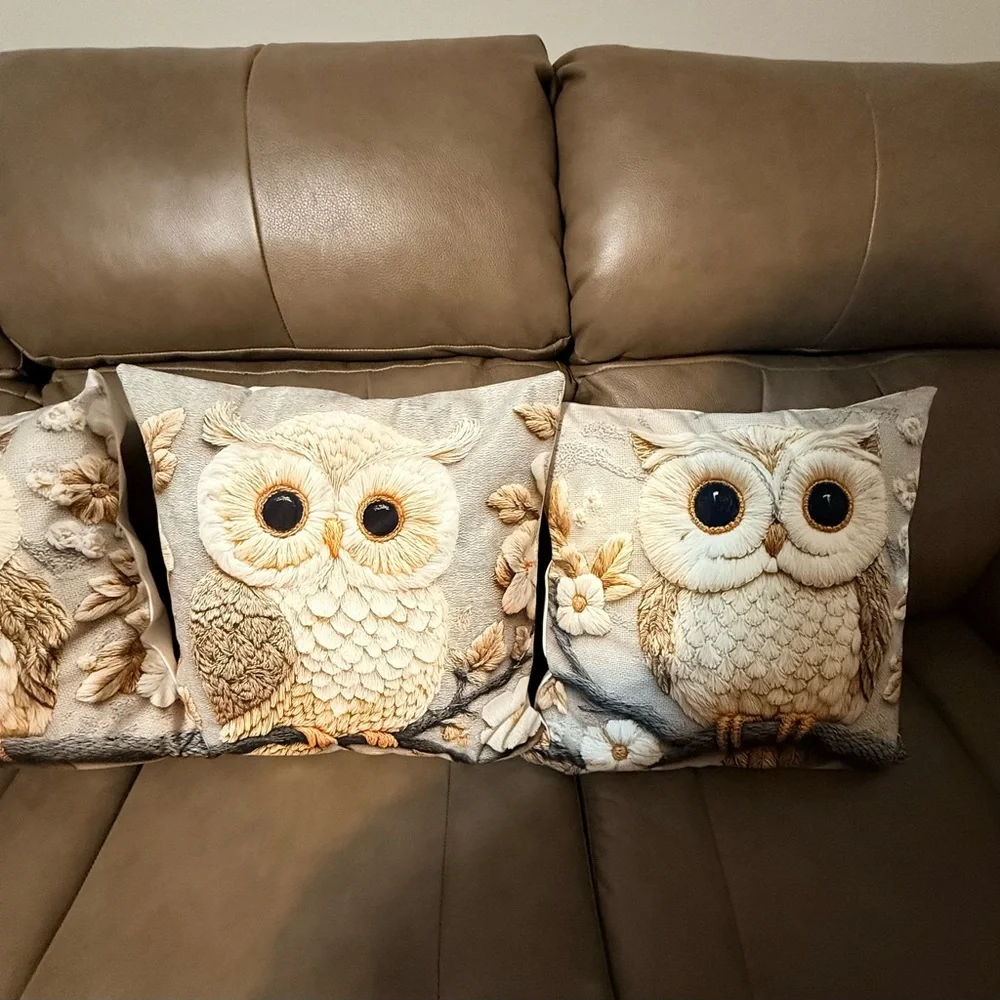 Four New Owl Embroidered Look  Throw Pillows 17” X 17”